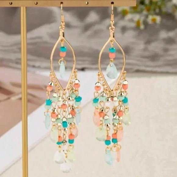 Multicolor peach turquoise light green beaded dangle drop earrings spring summer - Picture 2 of 3